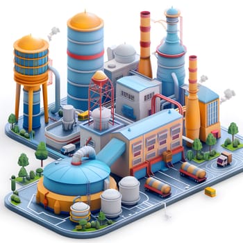 An urban design 3D model of a factory with numerous buildings, pipes, and recreation areas. The buildings are in electric blue, surrounded by a landscaped area