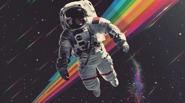 An astronaut in space with rainbow, Abstract wallpaper of an astronaut in space with rainbow, Colorful art of astronaut in the space.