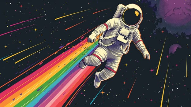 An astronaut in space with rainbow, Abstract wallpaper of an astronaut in space with rainbow, Colorful art of astronaut in the space.