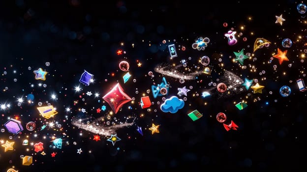 A colorful, star-filled sky with a rainbow of shapes and symbols. The sky is filled with a variety of shapes and colors, including stars, diamonds, and other gems