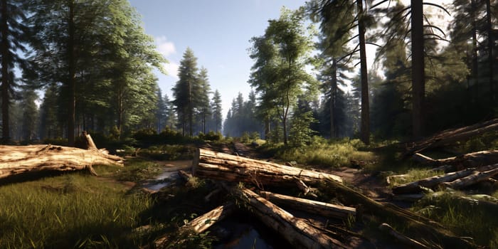 Photography: Pine forest in the rays of the setting sun. 3d render