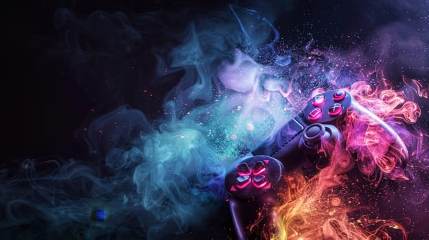 A video game controller is surrounded by colorful smoke and fire, creating a sense of excitement and intensity