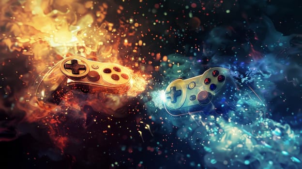 Two video game controllers are shown in a fiery explosion, with one controller being yellow and the other being red. Concept of excitement and action