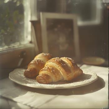 Two freshly baked croissants displayed on a wooden plate, set in front of a window. This French cuisine staple food is a delicious dessert made with butter and flour