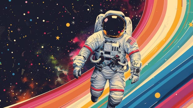An astronaut in space with rainbow, Abstract wallpaper of an astronaut in space with rainbow, Colorful art of astronaut in the space.