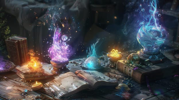 A table with a book and a few other items, including a blue and purple crystal ball. The table is covered in smoke and fire, giving the impression of a mystical or magical setting