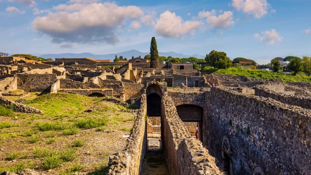 Ancient ruins of Pompei city (Scavi di Pompei), Naples, Italy. View of ancient city of Pompeii, Pompei is ancient Roman city died from eruption of Mount Vesuvius in 1st century, Naples, Italy.