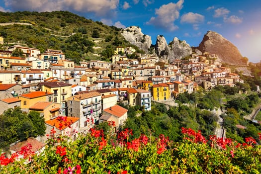 The picturesque village of Castelmezzano, province of Potenza, Basilicata, Italy. Cityscape aerial view of medieval city of Castelmazzano, Italy. Castelmezzano village in Apennines Dolomiti Lucane.