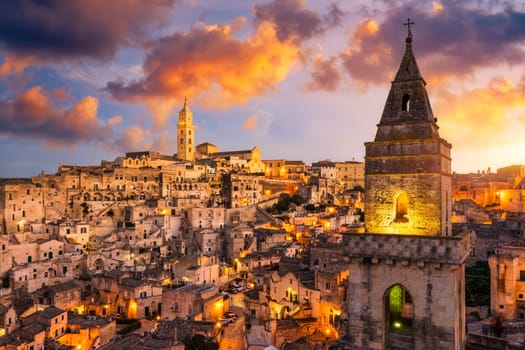 Panoramic view of the ancient town of Matera (Sassi di Matera) in a beautiful autumn day, Basilicata, southern Italy. Stunning view of the village of Matera. Matera is a city on a rocky outcrop.