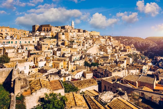 Panoramic view of the ancient town of Matera (Sassi di Matera) in a beautiful autumn day, Basilicata, southern Italy. Stunning view of the village of Matera. Matera is a city on a rocky outcrop.