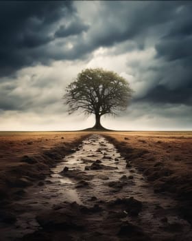 Photography: A lone tree in a muddy field under a stormy sky.