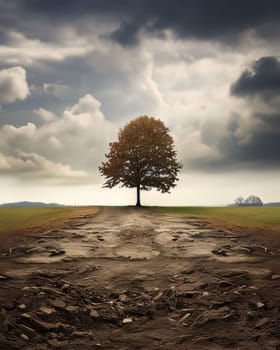 Photography: lonely tree on a dirt road in the countryside with dramatic sky