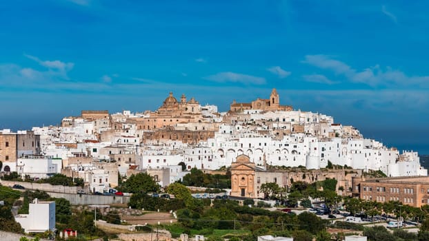 View of Ostuni white town, Brindisi, Puglia (Apulia), Italy, Europe. Old Town is Ostuni's citadel. Ostuni is referred to as the White Town. Ostuni white town skyline and church, Brindisi, Italy.