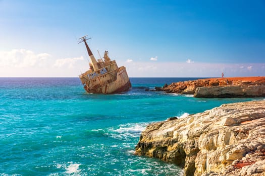 Abandoned Edro III Shipwreck at seashore of Peyia, near Paphos, Cyprus. Historic Edro III Shipwreck site on the shore of the water in Cyprus. Aerial view of Shipwreck EDRO III, Pegeia, Paphos.