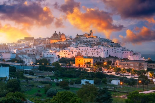 View of Ostuni white town, Brindisi, Puglia (Apulia), Italy, Europe. Old Town is Ostuni's citadel. Ostuni is referred to as the White Town. Ostuni white town skyline and church, Brindisi, Italy.