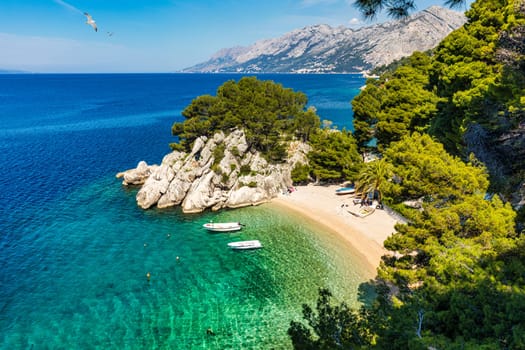 Amazing aerial view of the beautiful Podrace beach in Brela, Makarska Riviera, Croatia. Aerial view of Podrace beach and waterfront on Makarska riviera, Brela, Dalmatia region of Croatia.