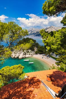 Amazing aerial view of the beautiful Podrace beach in Brela, Makarska Riviera, Croatia. Aerial view of Podrace beach and waterfront on Makarska riviera, Brela, Dalmatia region of Croatia.