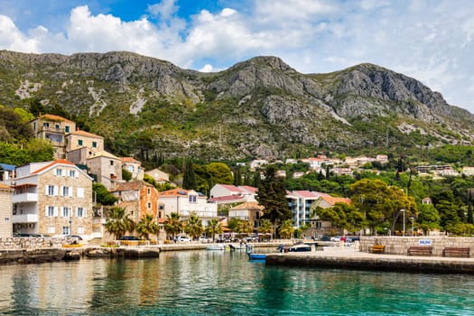 Idyllic village of Mlini in Dubrovnik archipelago view, south Dalmatia region of Croatia. Adriatic village of Mlini waterfront aerial view, Dubrovnik coastline of Croatia.