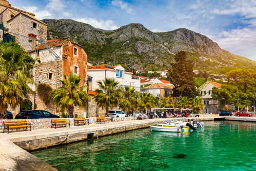 Idyllic village of Mlini in Dubrovnik archipelago view, south Dalmatia region of Croatia. Adriatic village of Mlini waterfront aerial view, Dubrovnik coastline of Croatia.