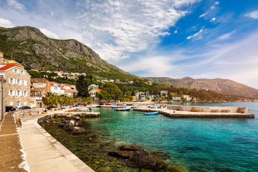 Idyllic village of Mlini in Dubrovnik archipelago view, south Dalmatia region of Croatia. Adriatic village of Mlini waterfront aerial view, Dubrovnik coastline of Croatia.