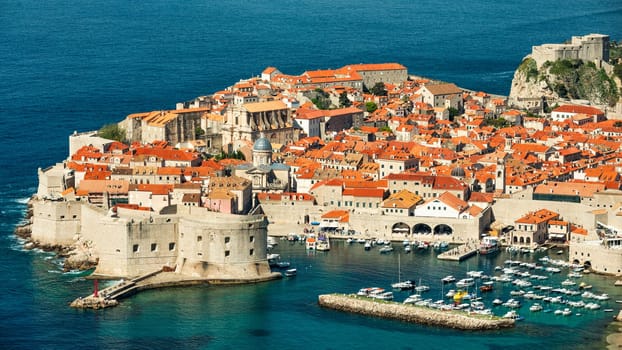 The aerial view of Dubrovnik, a city in southern Croatia fronting the Adriatic Sea, Europe. Old city center of famous town Dubrovnik, Croatia. Dubrovnik historic city of Croatia in Dalmatia. 