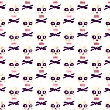 Pink Halloween cartoon seamless pattern with funny skulls
