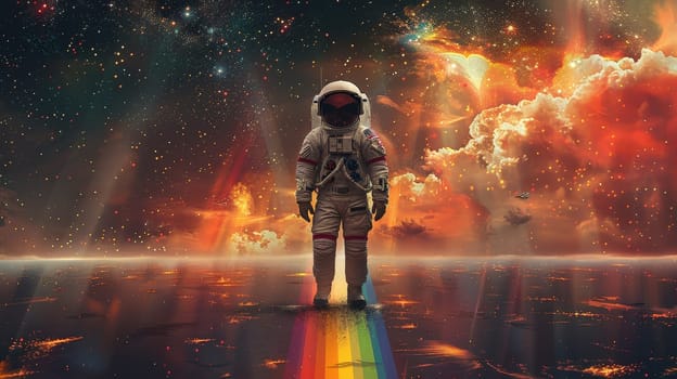 An astronaut in space with rainbow, Abstract wallpaper of an astronaut in space with rainbow, Colorful art of astronaut in the space.