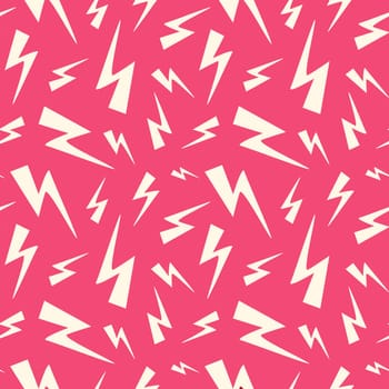A pink and white pattern of lightning bolts. The pattern is very detailed and the colors are bright and bold. Concept of energy and excitement, as if the lightning bolts are dancing across the fabric