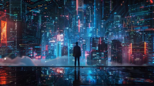 A man stands in front of a cityscape with a reflection of the city in a body of water. The city is lit up with neon lights, creating a futuristic and otherworldly atmosphere