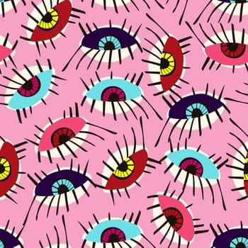 Pink Halloween seamless pattern with colorful eyes
