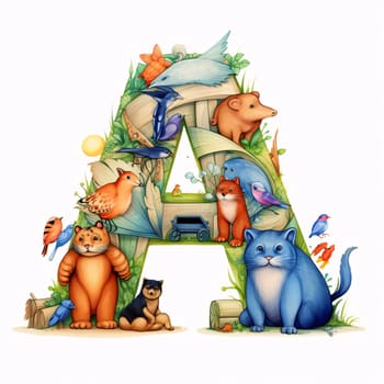 Graphic alphabet letters: Alphabet A with animals in the forest. Cute cartoon animals.