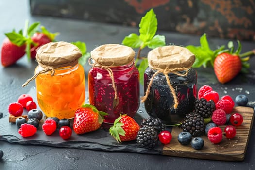 Close-up of glass jars with homemade berry and fruit jam. Summer harvest, home canning, healthy food.