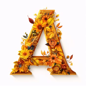 Graphic alphabet letters: Letter A made of autumn leaves and flowers on white background. 3d illustration