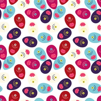 A pink background with a pattern of faces and lips. The faces are all different colors and sizes, and the lips are pink. Scene is playful and whimsical