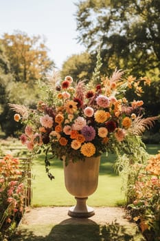 Floral decoration, wedding decor and autumn holiday celebration, autumnal flowers and event decorations in the English countryside garden, country style idea