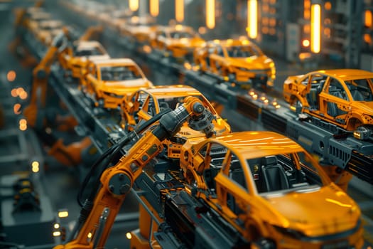 Multiple cars aligned in a row on an automated production line, showcasing the process of robotization in the automotive industry.