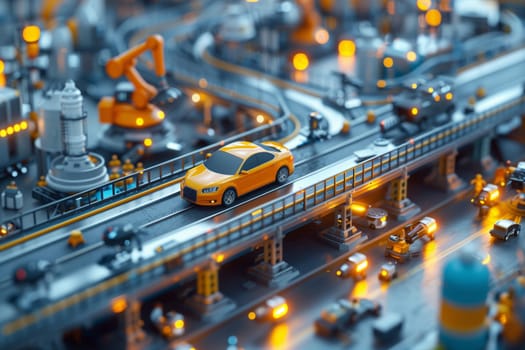 A toy car moves along a conveyor belt in a factory setting, part of an automated production line with robots.