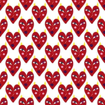 Pink Valentine's Day seamless pattern with devilish hearts. A pattern of devilish love hearts.