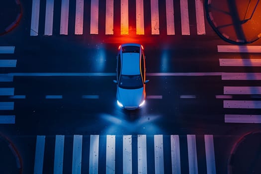 Overhead view of a car with headlights on, navigating through a city street at night, approaching a crossroads.