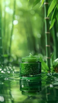 A green jar filled with cream sits atop a body of water, with bamboo visible in the background.