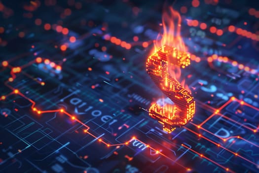 A dollar sign symbol engulfed in flames on a circuit board, depicting financial loss or crisis.