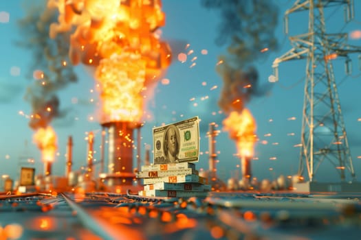 A pile of money set on fire with flames engulfing it in the background.