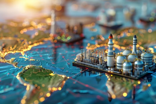 A detailed miniature of an industrial complex sits atop a world map, emphasizing global industrial connections as city lights twinkle during evening hours.