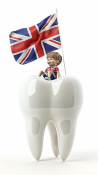 A tooth adorned with the British flag, symbolizing dental treatment related to the country or patriotism.