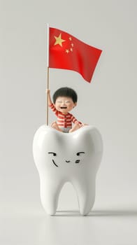 A tooth featuring a small Chinese flag on its surface.