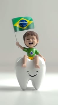 A boy is seated on a giant tooth while proudly waving a Brazilian flag in this unique setting.