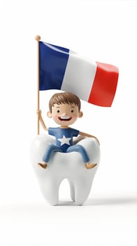 A young boy is seated atop a giant tooth, proudly waving a French flag in his hand.