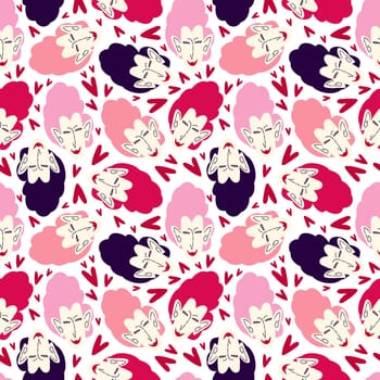 Pink cartoon funny pattern with cute womans faces with hearts