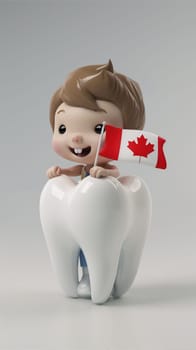 Figurine of a boy standing on a tooth, holding a Canadian flag. Represents patriotism and dental care.