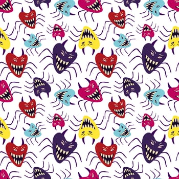 Pink Halloween seamless pattern of creepy insects with big teeth and mouths